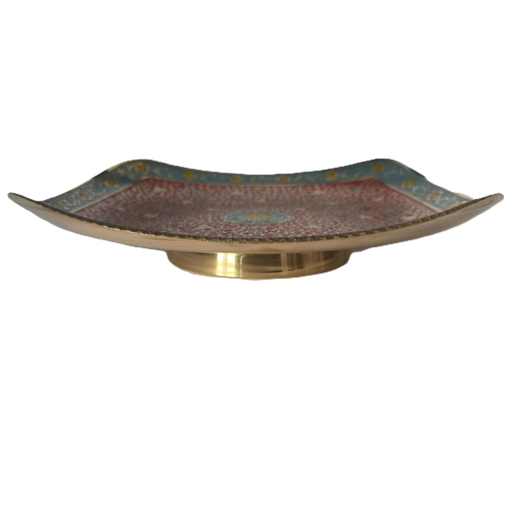 Svarn Studio Brass Red & Turquoise Meenakari Square Bowl - Square - Length 25.5 cm × Breadth 25.5 cm × Height 4 cm