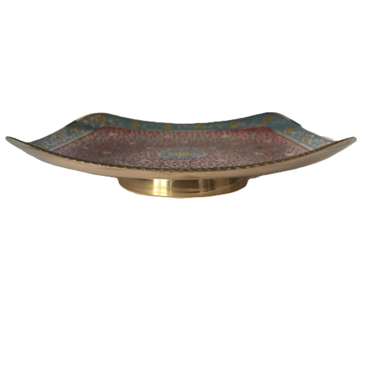 Svarn Studio Brass Red & Turquoise Meenakari Square Bowl - Square - Length 25.5 cm × Breadth 25.5 cm × Height 4 cm