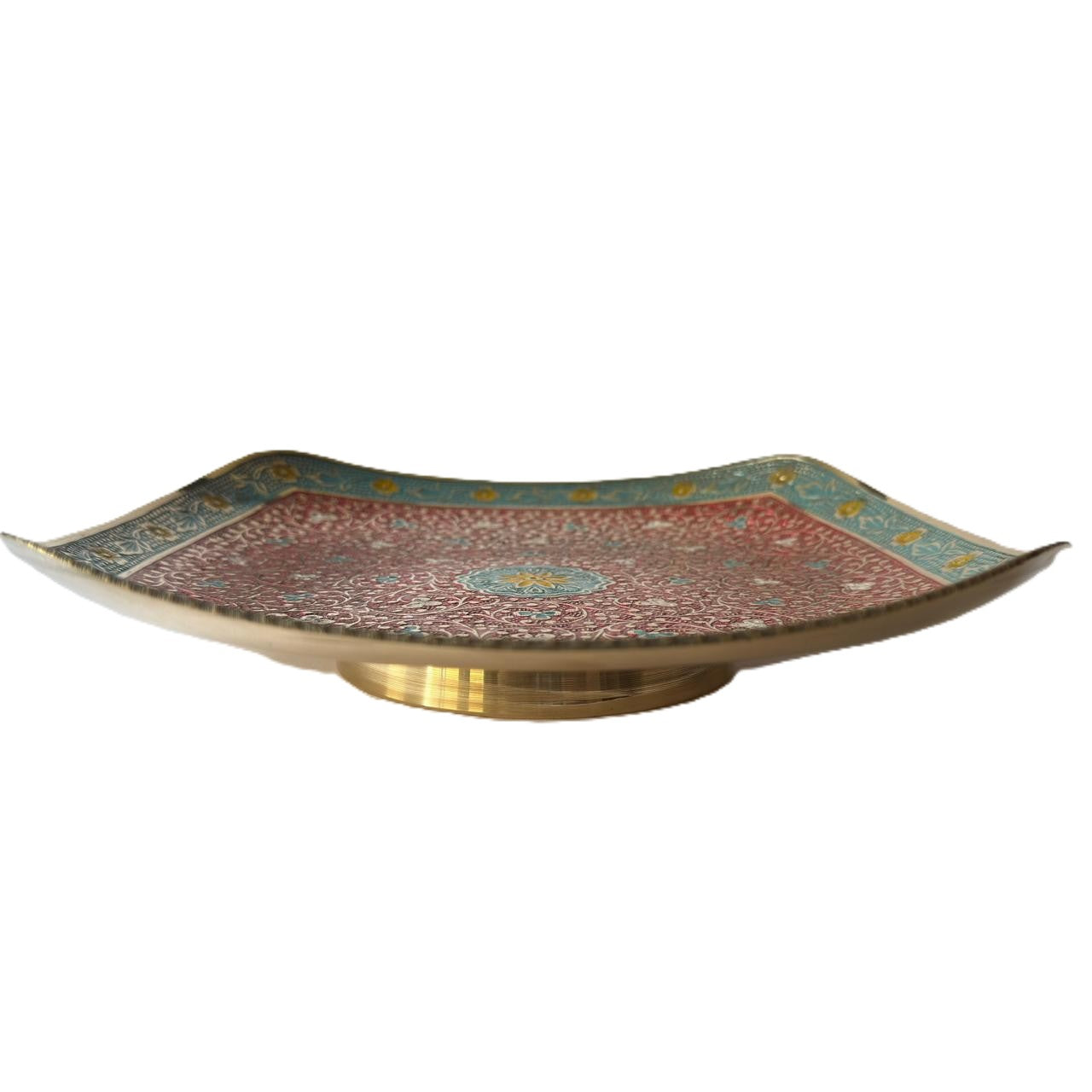 Svarn Studio Brass Red & Turquoise Meenakari Square Bowl - Square - Length 25.5 cm × Breadth 25.5 cm × Height 4 cm