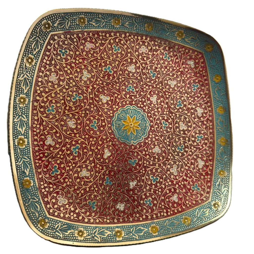 Svarn Studio Brass Red & Turquoise Meenakari Square Bowl - Square - Length 25.5 cm × Breadth 25.5 cm × Height 4 cm