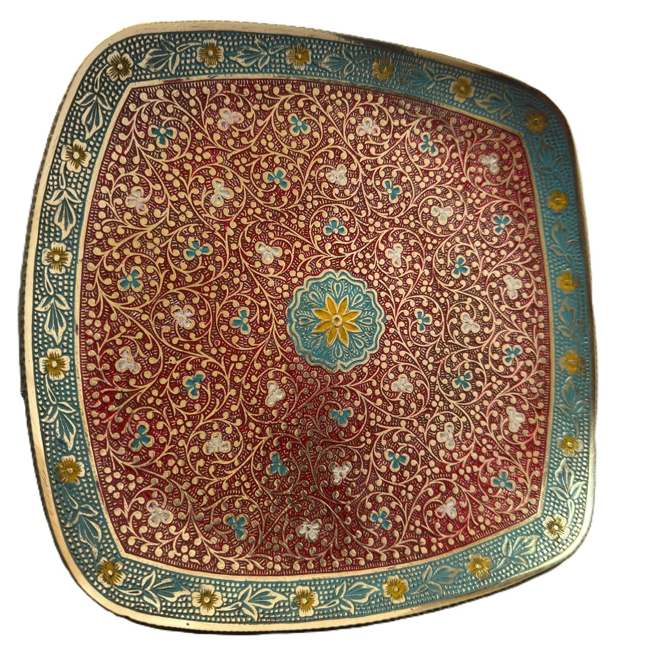 Svarn Studio Brass Red & Turquoise Meenakari Square Bowl - Square - Length 25.5 cm × Breadth 25.5 cm × Height 4 cm