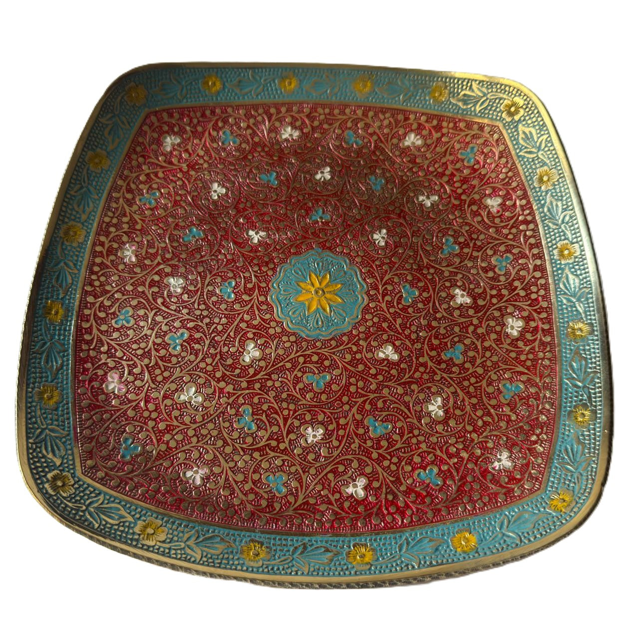 Svarn Studio Brass Red & Turquoise Meenakari Square Bowl - Square - Length 25.5 cm × Breadth 25.5 cm × Height 4 cm