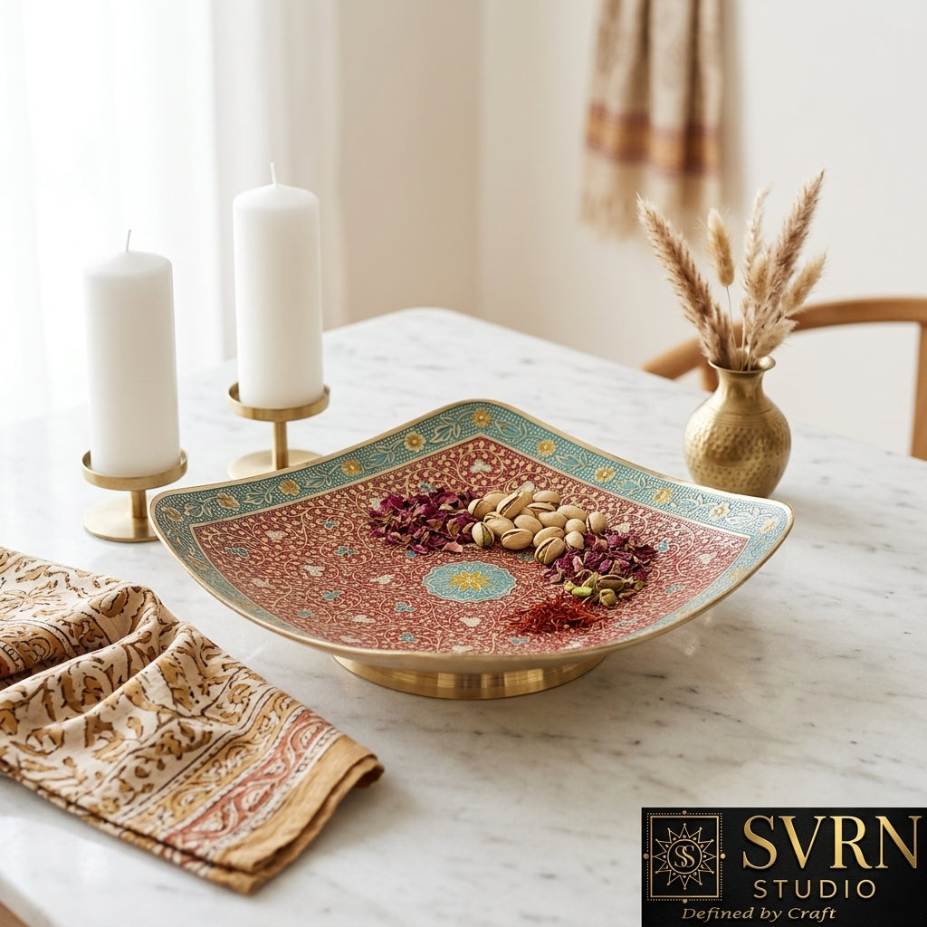 Svarn Studio Brass Red & Turquoise Meenakari Square Bowl - Square - Length 25.5 cm × Breadth 25.5 cm × Height 4 cm