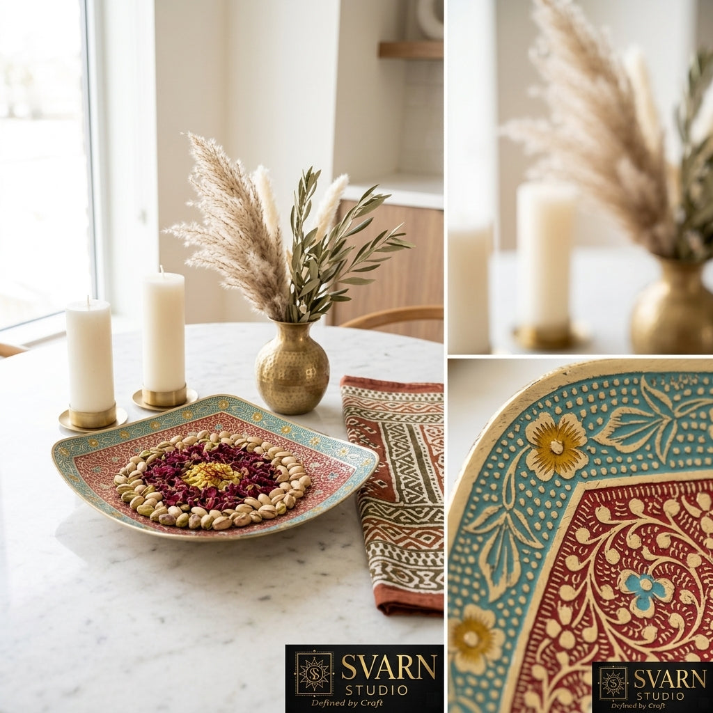 Svarn Studio Brass Red & Turquoise Meenakari Square Bowl - Square - Length 25.5 cm × Breadth 25.5 cm × Height 4 cm