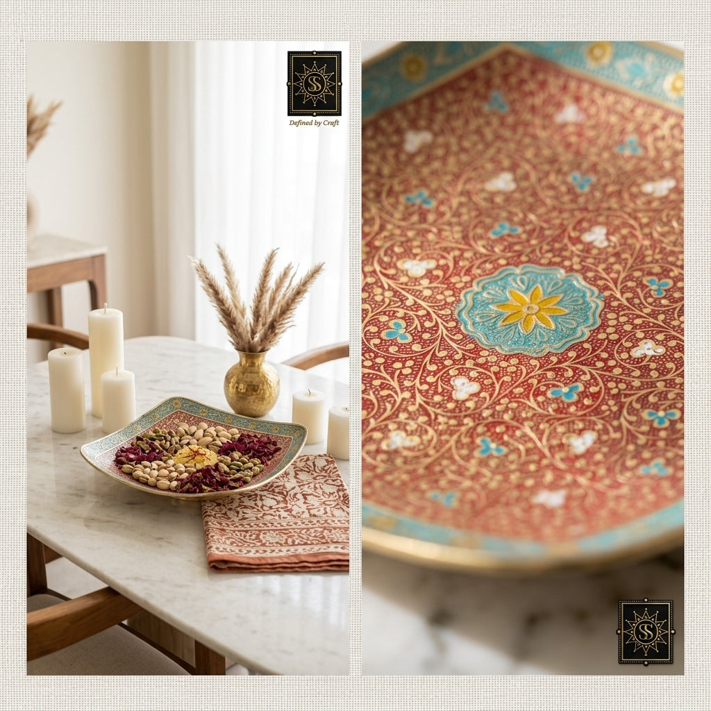Svarn Studio Brass Red & Turquoise Meenakari Square Bowl - Square - Length 25.5 cm × Breadth 25.5 cm × Height 4 cm