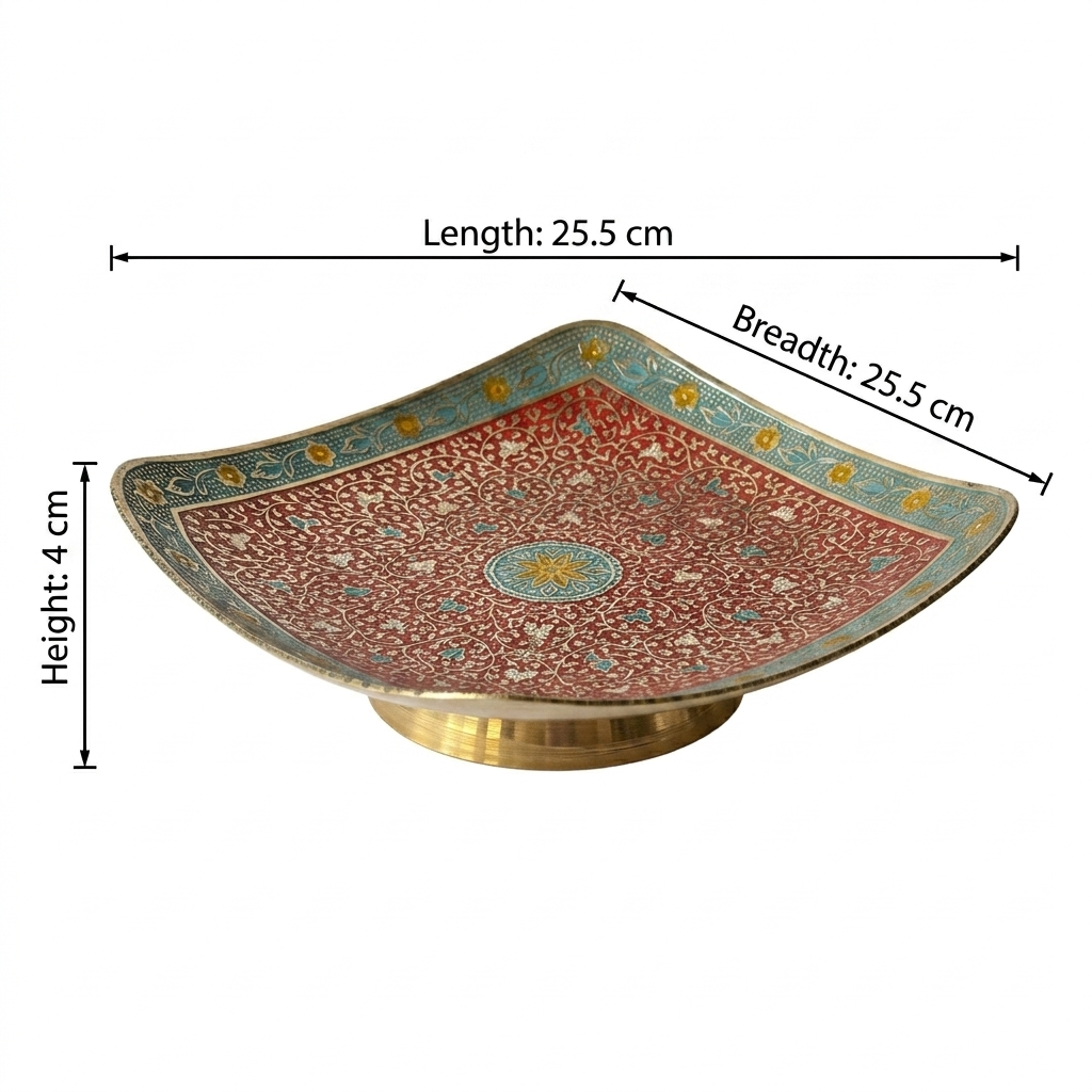 Svarn Studio Brass Red & Turquoise Meenakari Square Bowl - Square - Length 25.5 cm × Breadth 25.5 cm × Height 4 cm