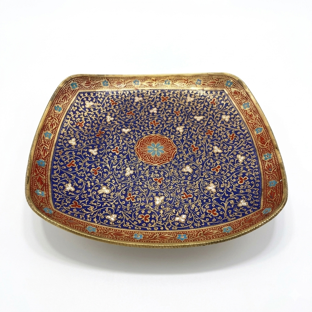 Svarn Studio Brass Red & Turquoise Meenakari Square Bowl - Square - Length 25.5 cm × Breadth 25.5 cm × Height 4 cm