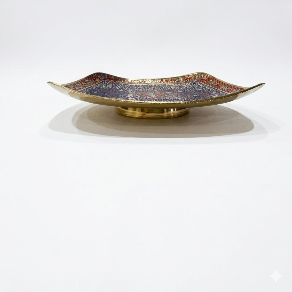 Svarn Studio Brass Red & Turquoise Meenakari Square Bowl - Square - Length 25.5 cm × Breadth 25.5 cm × Height 4 cm