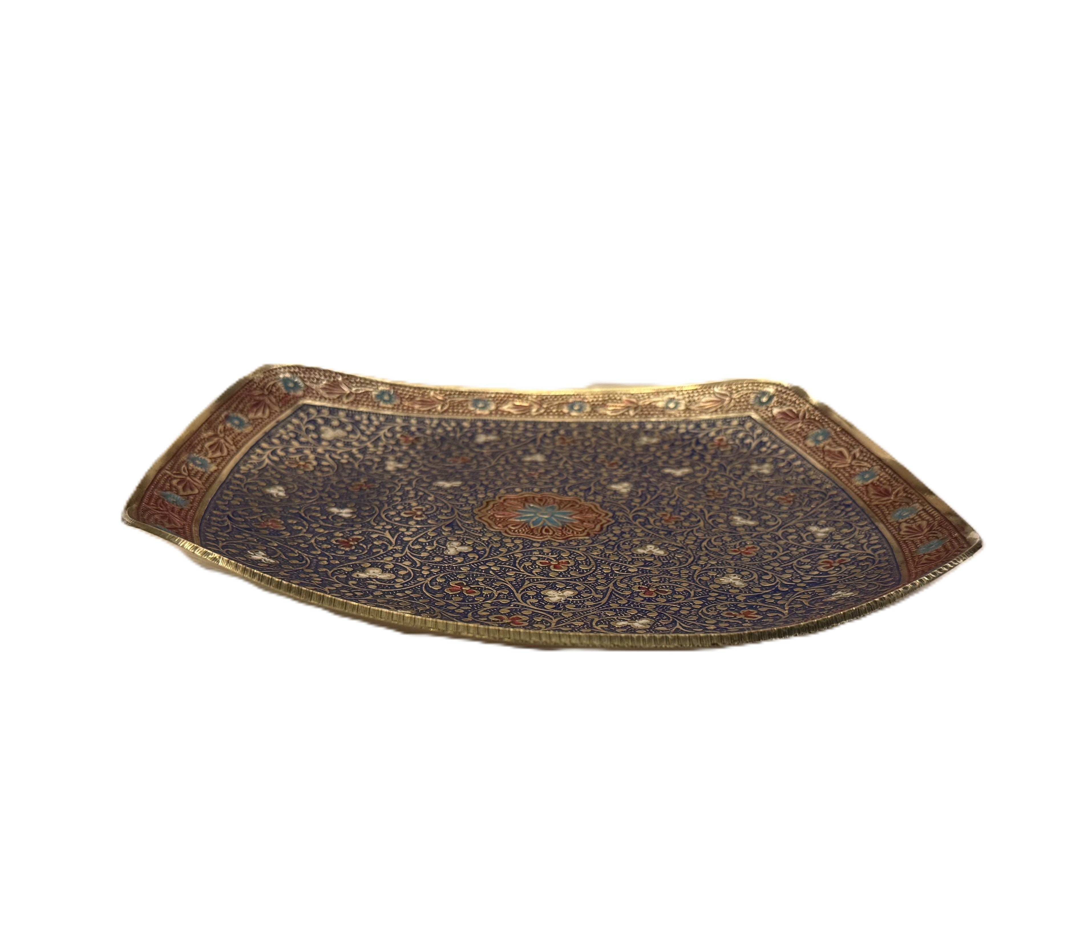 Svarn Studio Brass Red & Turquoise Meenakari Square Bowl - Square - Length 25.5 cm × Breadth 25.5 cm × Height 4 cm