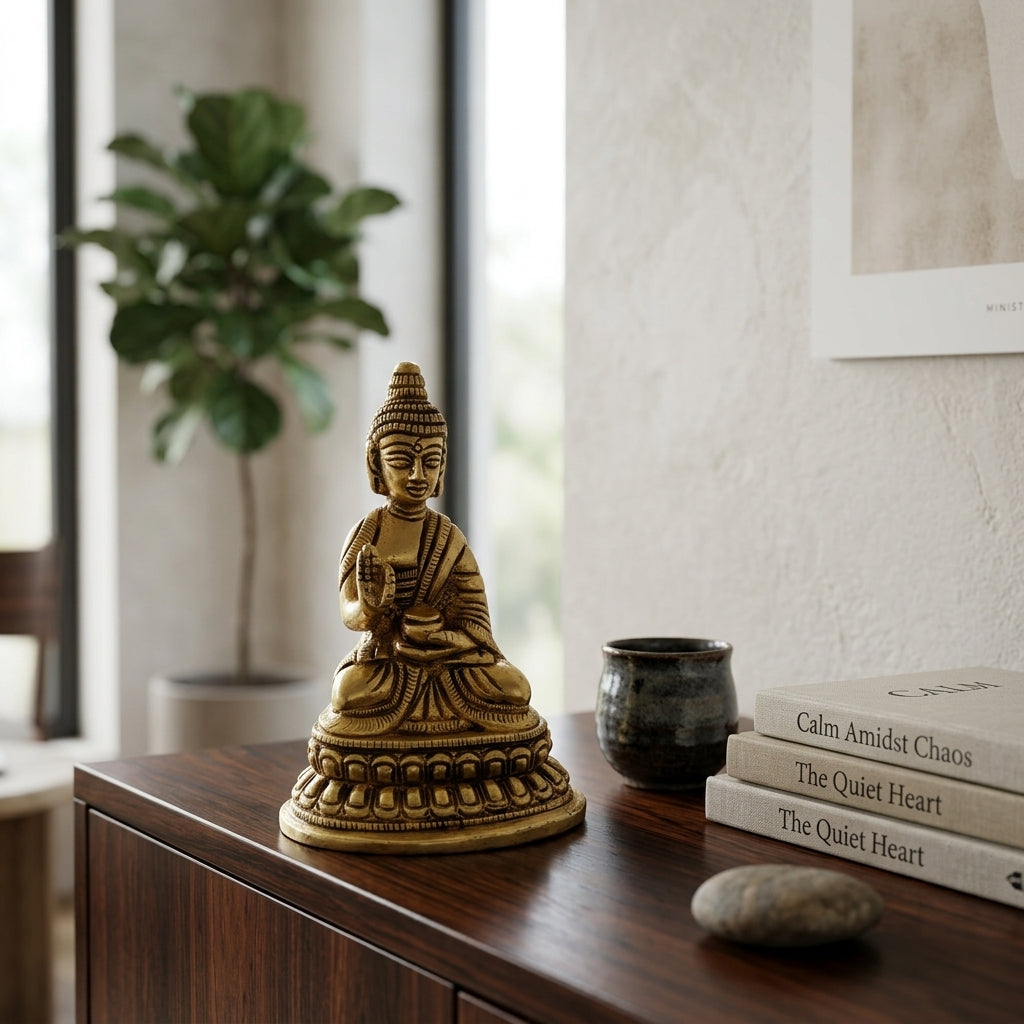 Brass Buddha Idol | Handcrafted Antique Gold Finish | Meditation & Home Décor