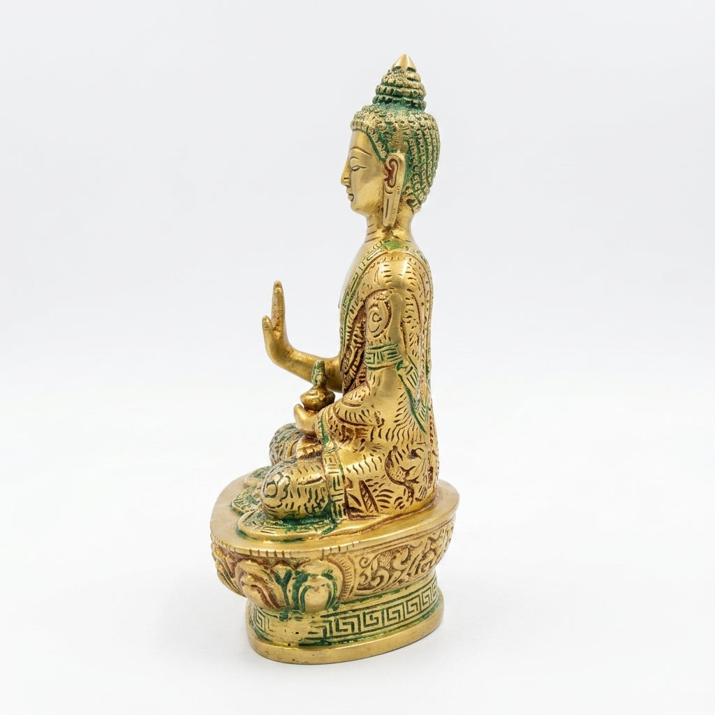 Svarn Studio Handcrafted Solid Brass Buddha Statue — Abhaya Mudra Blessing Pose | Antique Gold & Meenakari Finish | 17 cm