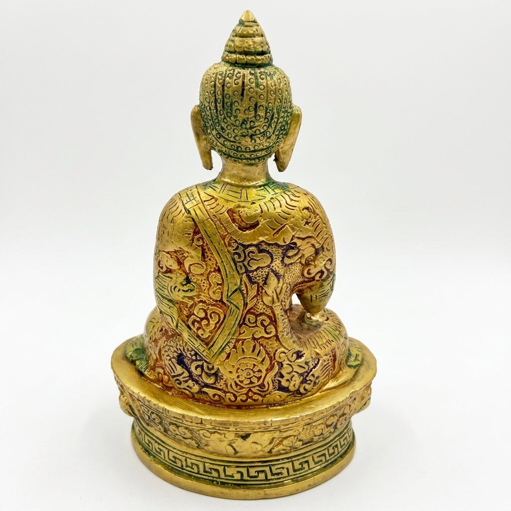 Svarn Studio Handcrafted Solid Brass Buddha Statue — Abhaya Mudra Blessing Pose | Antique Gold & Meenakari Finish | 17 cm