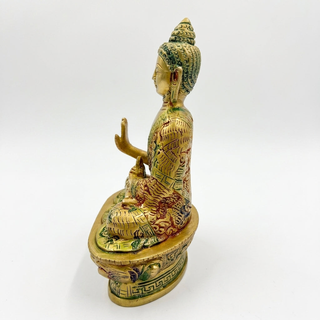 Svarn Studio Handcrafted Solid Brass Buddha Statue — Abhaya Mudra Blessing Pose | Antique Gold & Meenakari Finish | 17 cm