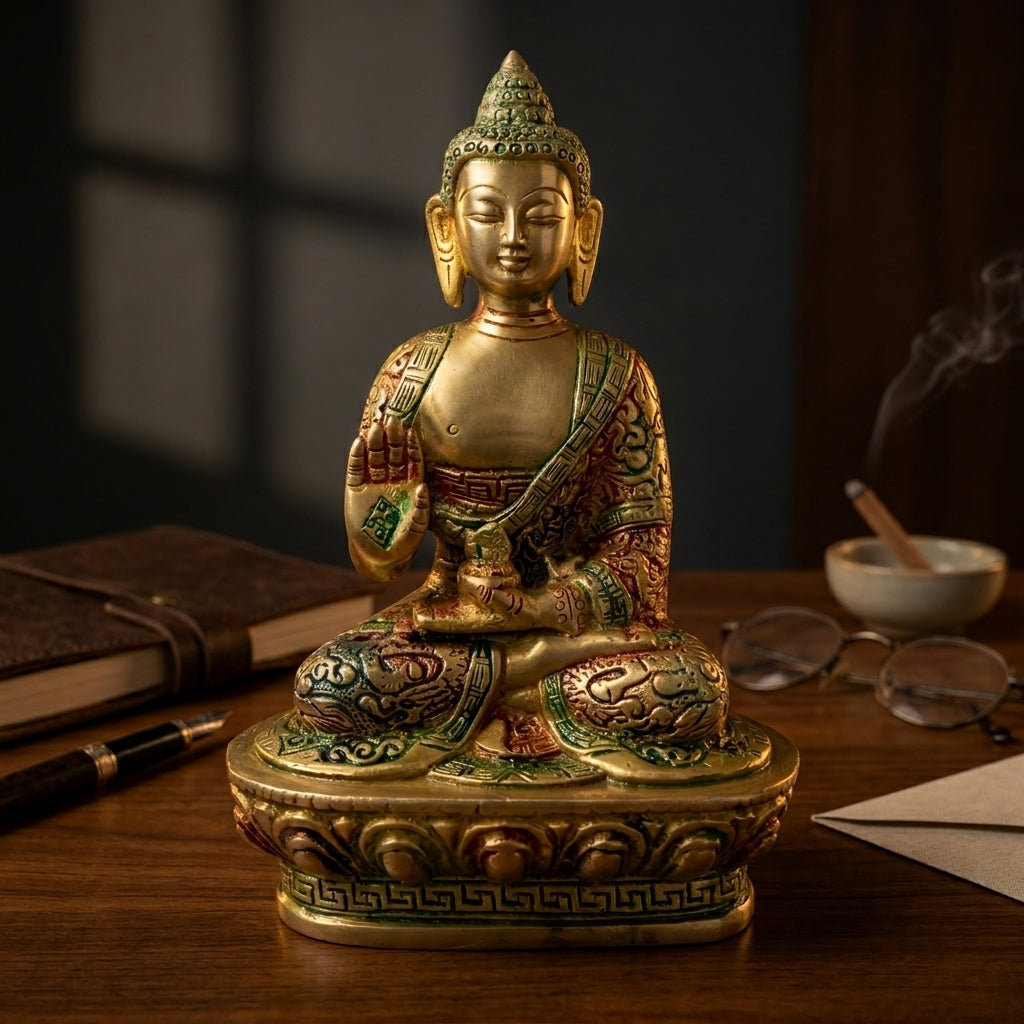 Svarn Studio Handcrafted Solid Brass Buddha Statue — Abhaya Mudra Blessing Pose | Antique Gold & Meenakari Finish | 17 cm