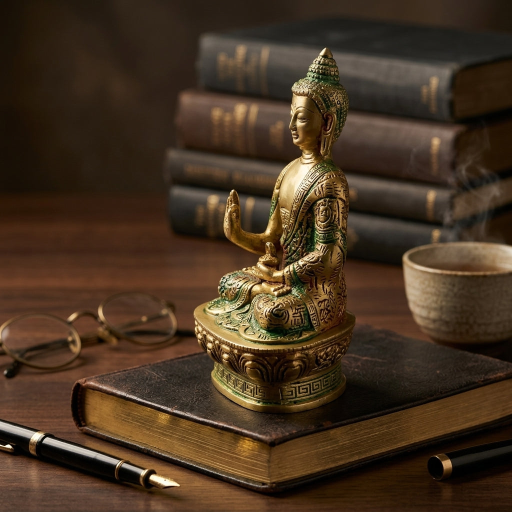 Svarn Studio Handcrafted Solid Brass Buddha Statue — Abhaya Mudra Blessing Pose | Antique Gold & Meenakari Finish | 17 cm