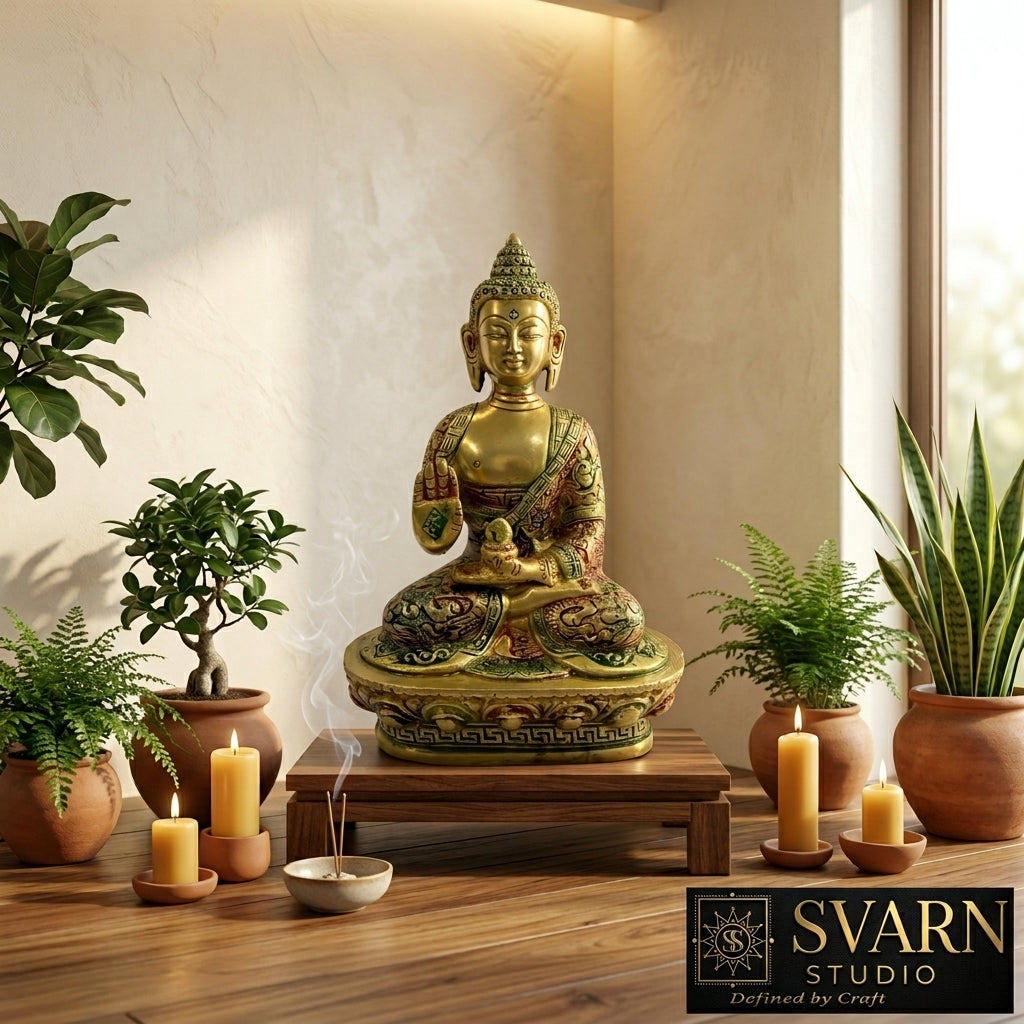 Svarn Studio Handcrafted Solid Brass Buddha Statue — Abhaya Mudra Blessing Pose | Antique Gold & Meenakari Finish | 17 cm