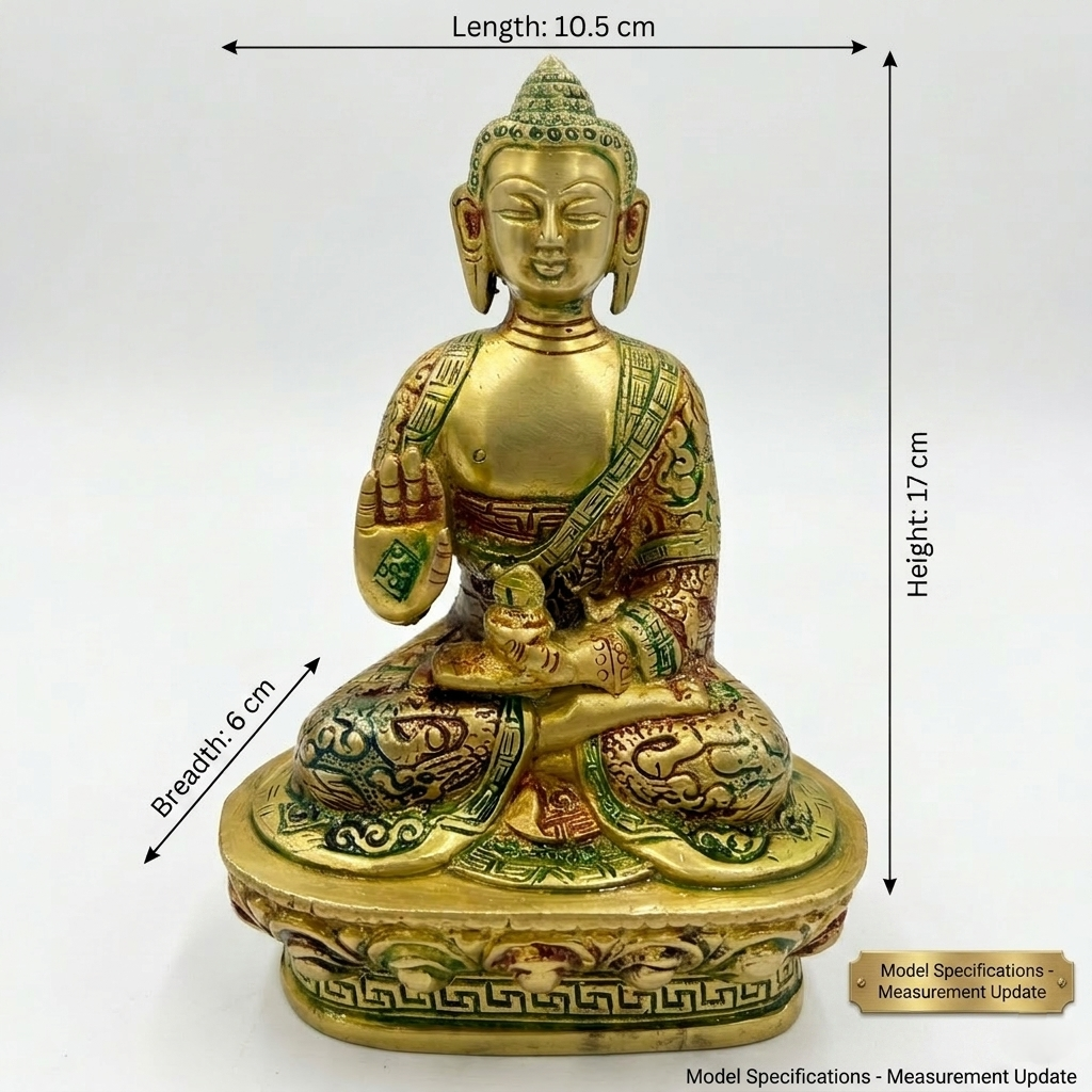 Svarn Studio Handcrafted Solid Brass Buddha Statue — Abhaya Mudra Blessing Pose | Antique Gold & Meenakari Finish | 17 cm