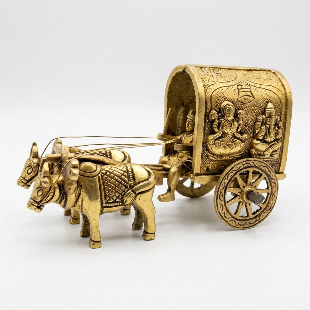 Svarn Studio Brass Bullock Cart Figurine with Engraved Lakshmi & Ganesha, Handcrafted Premium Antique Fine Design