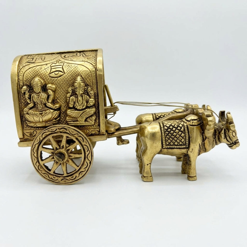 Svarn Studio Brass Bullock Cart Figurine with Engraved Lakshmi & Ganesha, Handcrafted Premium Antique Fine Design