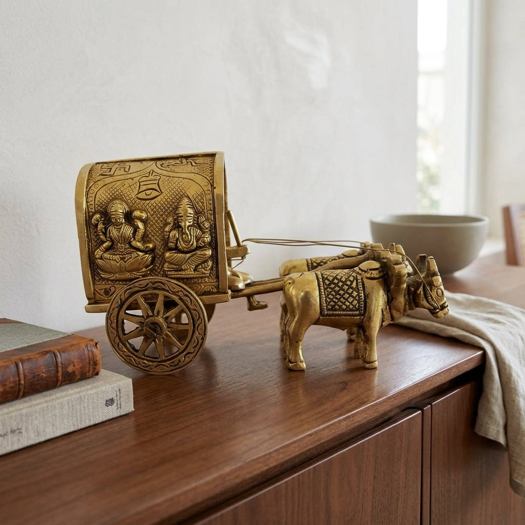 Svarn Studio Brass Bullock Cart Figurine with Engraved Lakshmi & Ganesha, Handcrafted Premium Antique Fine Design