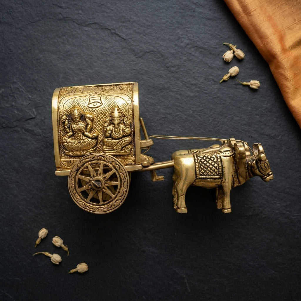Svarn Studio Brass Bullock Cart Figurine with Engraved Lakshmi & Ganesha, Handcrafted Premium Antique Fine Design