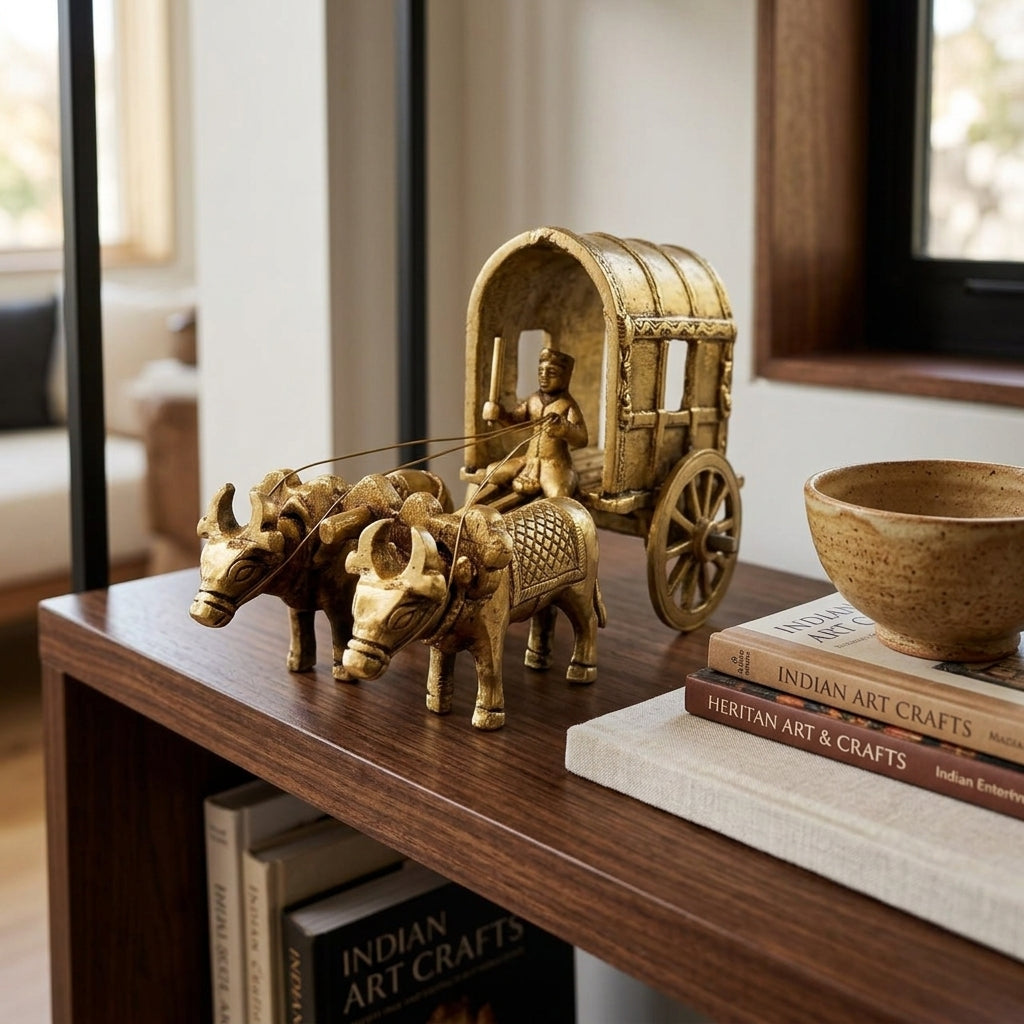 Svarn Studio Brass Bullock Cart Figurine with Engraved Lakshmi & Ganesha, Handcrafted Premium Antique Fine Design