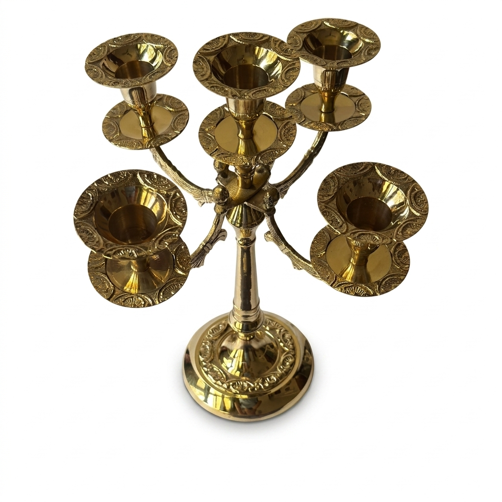 Svarn Studio Brass Candelabra 5-Arm - Lifestyle with Candles on Dining Table
