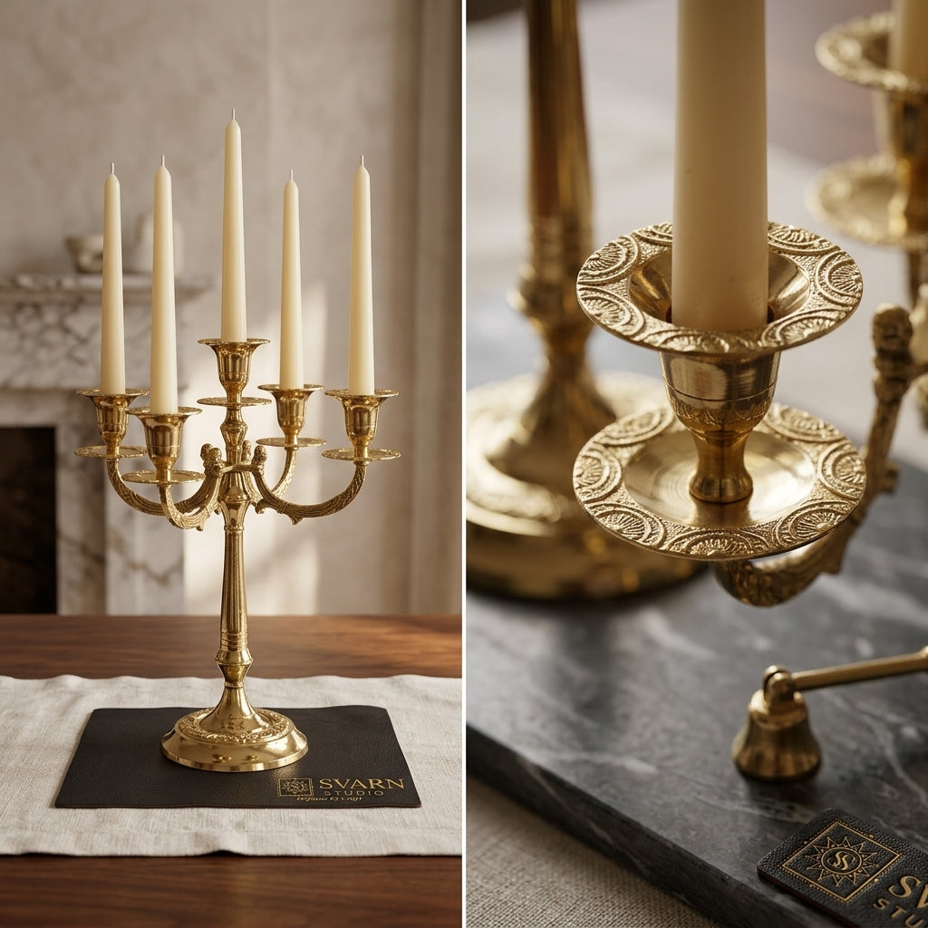 Svarn Studio Brass Candelabra 5-Arm - Feature Collage Curated Centrepiece