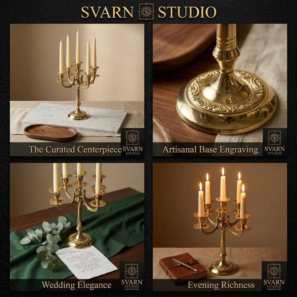 Svarn Studio Brass Candelabra 5-Arm - Lifestyle Collage Wedding & Evening