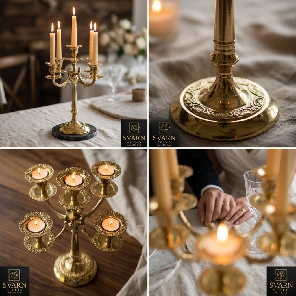 Svarn Studio Brass Candelabra 5-Arm - Wedding Couple Candlelit Setting