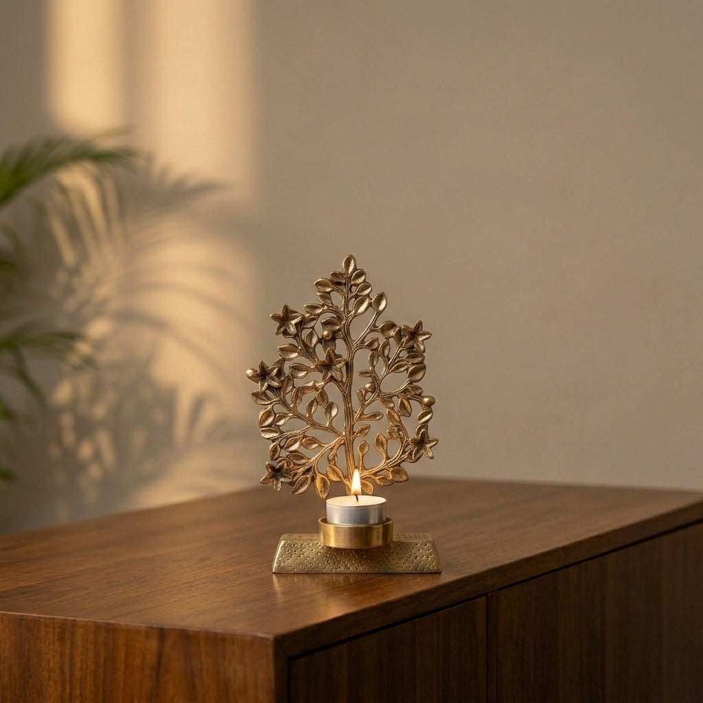 Brass Kalp Vriksh Candle Stand | Tree of Life Tealight Holder | Handcrafted Antique Gold