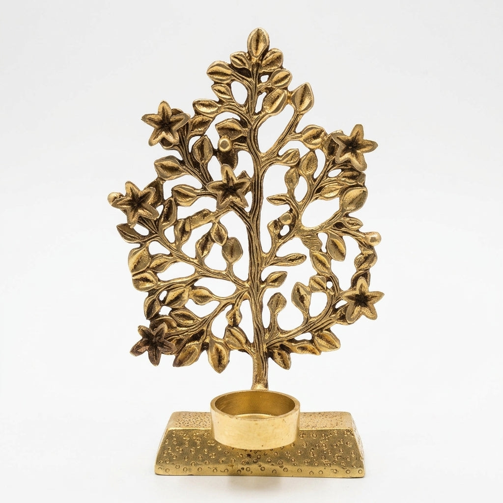 Brass Kalp Vriksh Candle Stand | Tree of Life Tealight Holder | Handcrafted Antique Gold