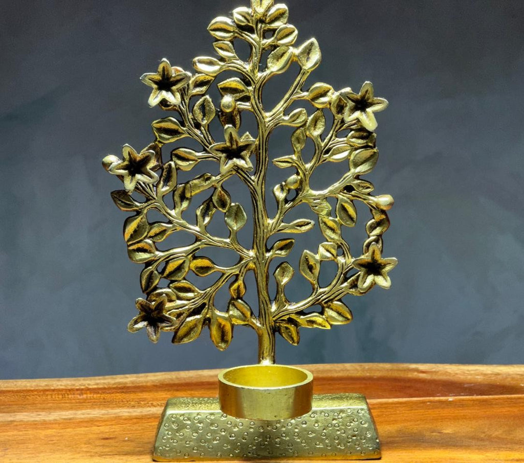 Brass Kalp Vriksh Candle Stand | Tree of Life Tealight Holder | Handcrafted Antique Gold