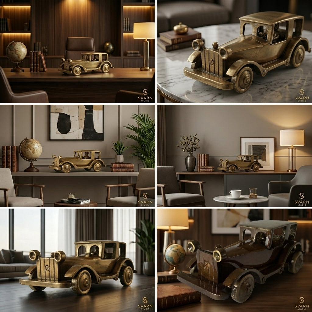 Svarn Studio Handcrafted Brass Vintage Motor Car Showpiece — 5.12 Inch Pure Brass Antique Miniature for Home & Office Décor