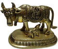 Svarn Studio Handcrafted Brass Kamdhenu Cow with Calf, Radha-Krishna Motif engraved Figurine | 14 × 7.5 × 10 cm, Weight: ~1.113 kg