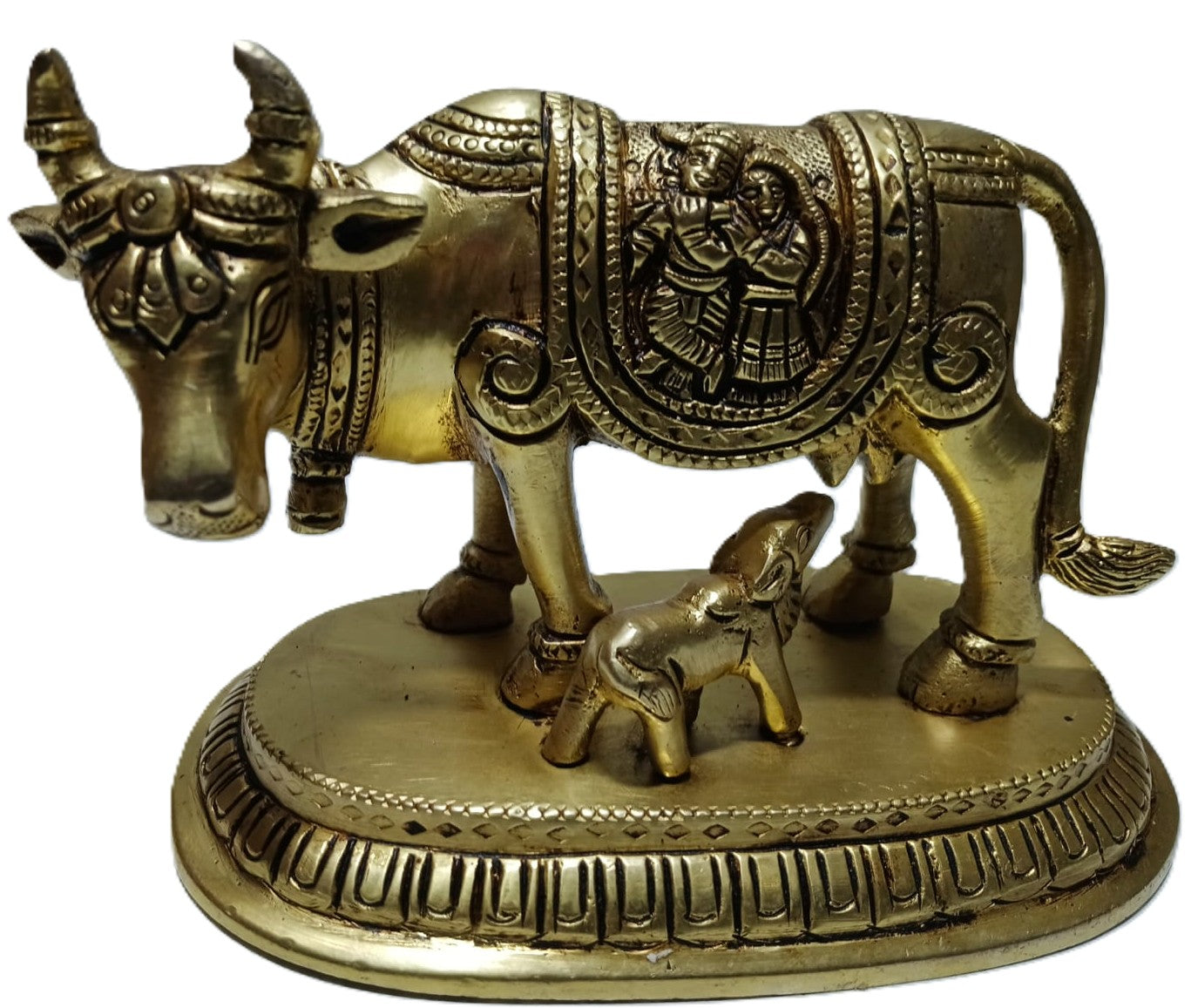 Svarn Studio Handcrafted Brass Kamdhenu Cow with Calf, Radha-Krishna Motif engraved Figurine | 14 × 7.5 × 10 cm, Weight: ~1.113 kg