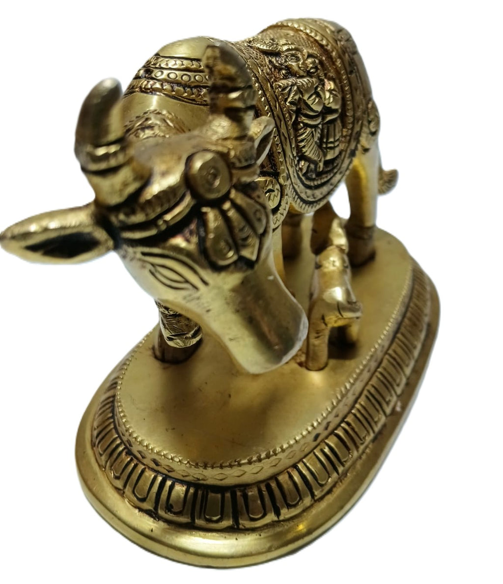 Svarn Studio Handcrafted Brass Kamdhenu Cow with Calf, Radha-Krishna Motif engraved Figurine | 14 × 7.5 × 10 cm, Weight: ~1.113 kg