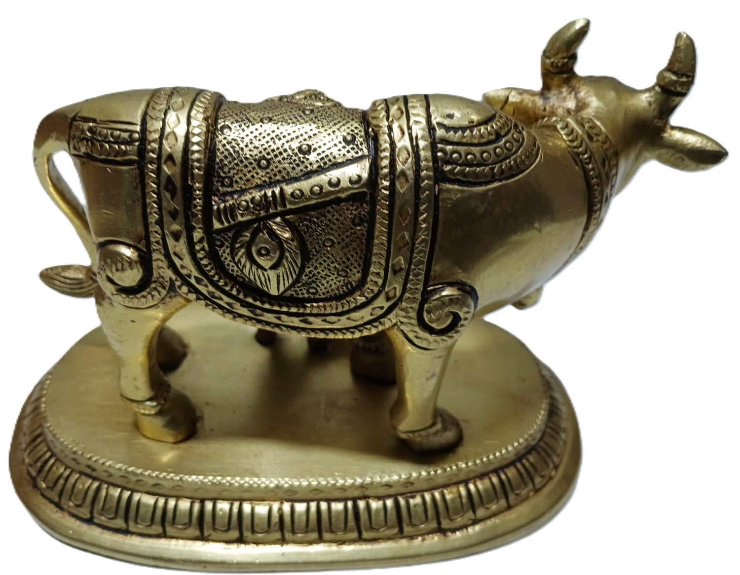 Svarn Studio Handcrafted Brass Kamdhenu Cow with Calf, Radha-Krishna Motif engraved Figurine | 14 × 7.5 × 10 cm, Weight: ~1.113 kg