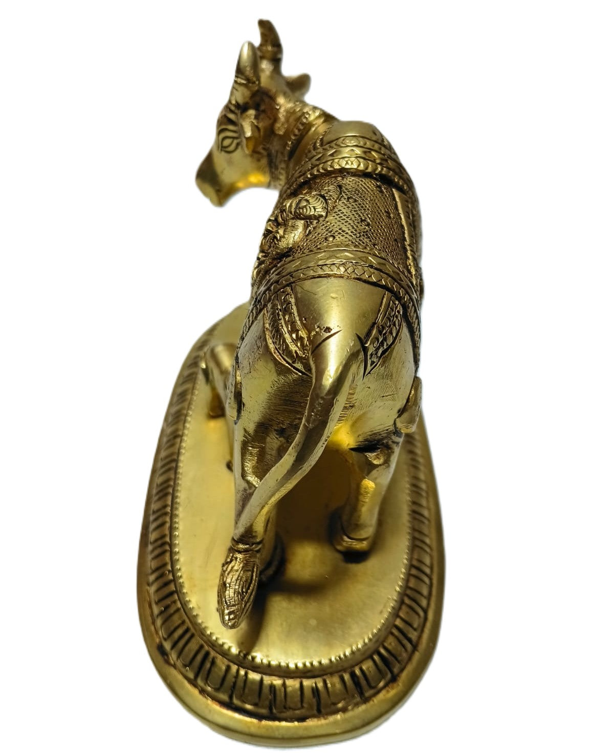 Svarn Studio Handcrafted Brass Kamdhenu Cow with Calf, Radha-Krishna Motif engraved Figurine | 14 × 7.5 × 10 cm, Weight: ~1.113 kg