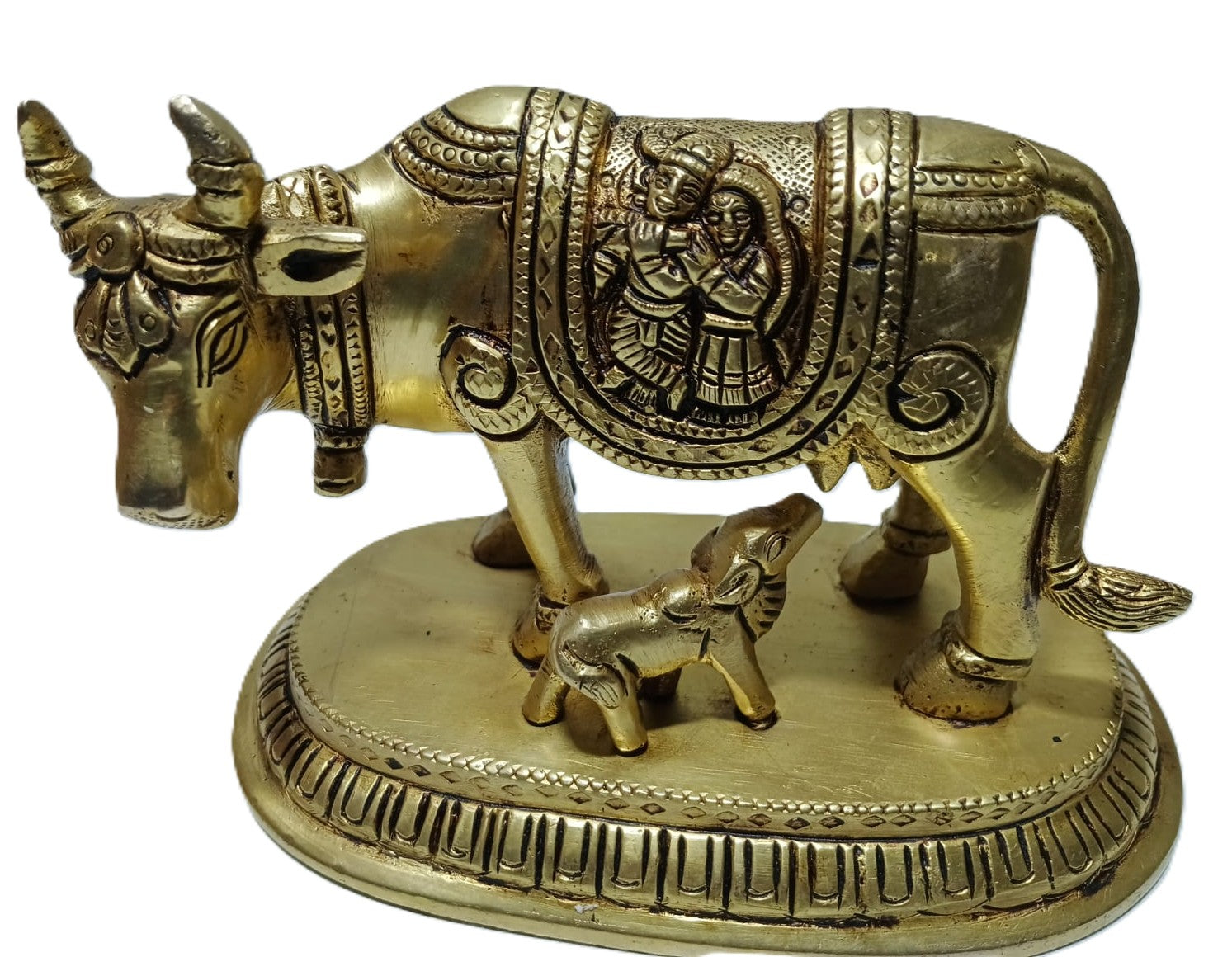 Svarn Studio Handcrafted Brass Kamdhenu Cow with Calf, Radha-Krishna Motif engraved Figurine | 14 × 7.5 × 10 cm, Weight: ~1.113 kg