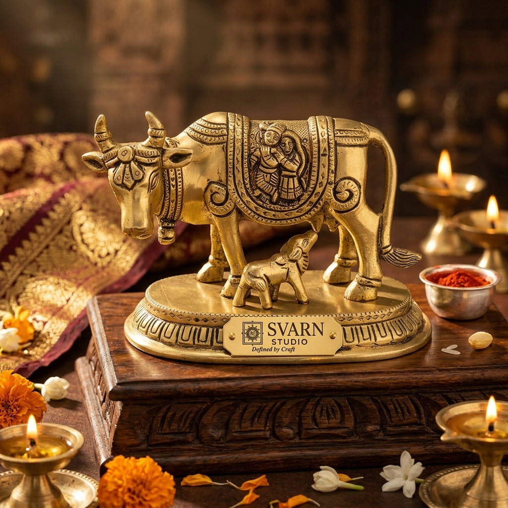 Svarn Studio Handcrafted Brass Kamdhenu Cow with Calf, Radha-Krishna Motif engraved Figurine | 14 × 7.5 × 10 cm, Weight: ~1.113 kg