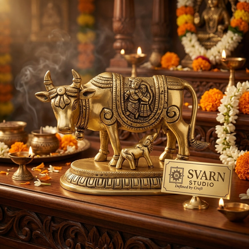 Svarn Studio Handcrafted Brass Kamdhenu Cow with Calf, Radha-Krishna Motif engraved Figurine | 14 × 7.5 × 10 cm, Weight: ~1.113 kg