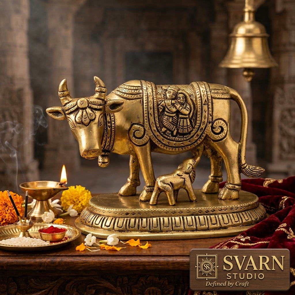 Svarn Studio Handcrafted Brass Kamdhenu Cow with Calf, Radha-Krishna Motif engraved Figurine | 14 × 7.5 × 10 cm, Weight: ~1.113 kg