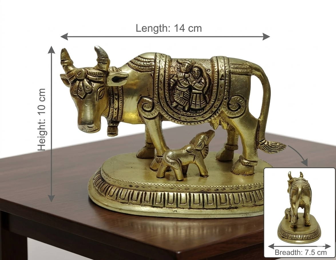 Svarn Studio Handcrafted Brass Kamdhenu Cow with Calf, Radha-Krishna Motif engraved Figurine | 14 × 7.5 × 10 cm, Weight: ~1.113 kg