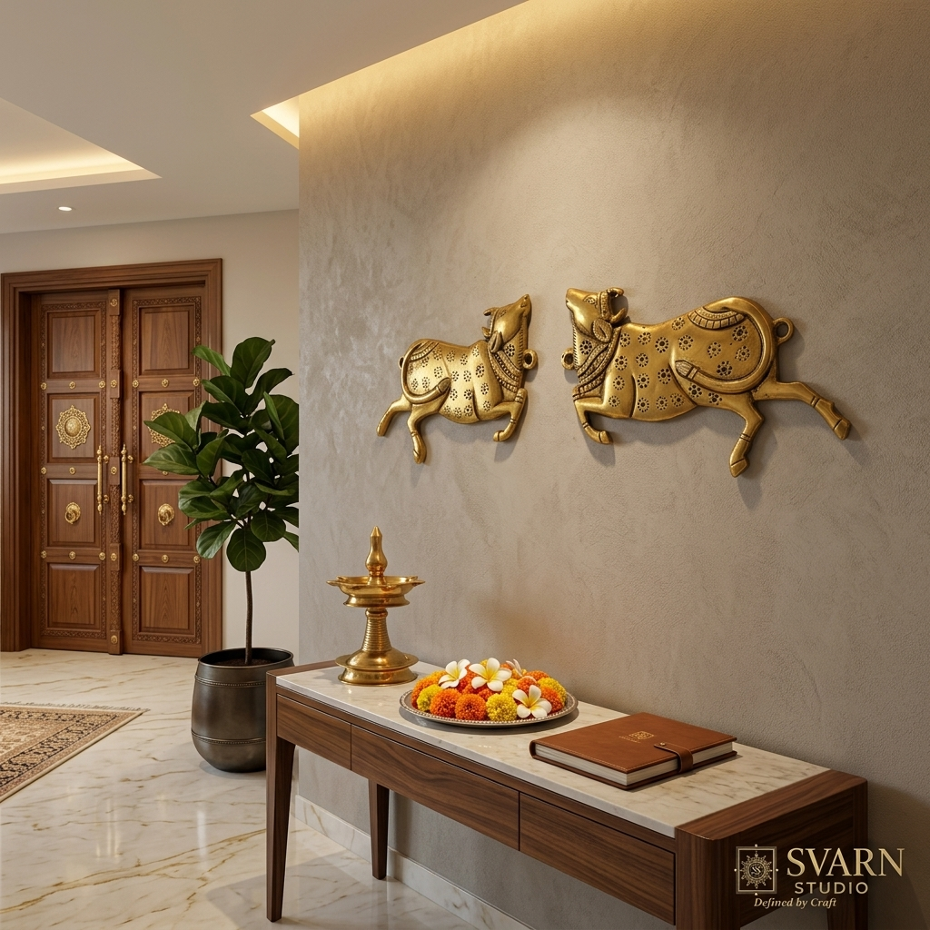 Svarn Studio Brass Sacred Cow - Lifestyle on warm terracotta wall above wooden console with ceramic pot - both pieces displayed as facing pair