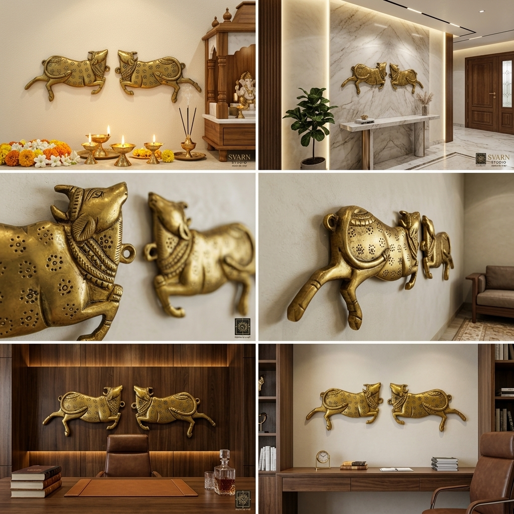 Svarn Studio Brass Sacred Cow - Multi-setting collage: Puja Room with wooden mandir, Grand Foyer with bonsai, Living Room TV wall, Stone-textured feature wall, Executive Office wood-panelled wall, Study desk, Close-up macro detail, Minimal corridor