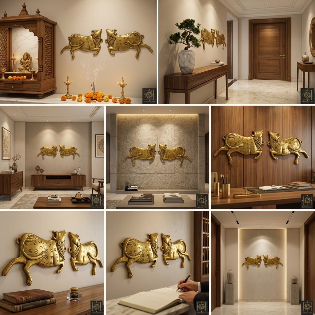 Svarn Studio Brass Sacred Cow - Six-panel lifestyle collage: Puja Room with diyas and marigolds, Luxury marble foyer, Macro close-up of cow face and dot-work, Side-angle showing 3D depth, Executive boardroom, Home office with bookshelf