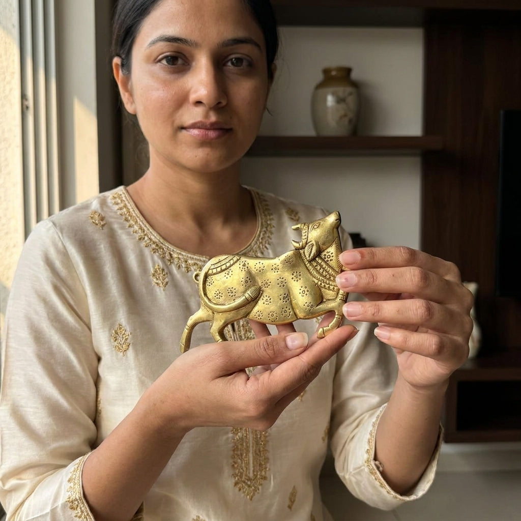 Svarn Studio Brass Sacred Cow - Puja Room with wooden mandir and marigold garlands lifestyle shot showing pair above mandir