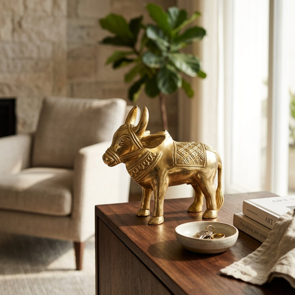 Svarn Studio Handcrafted Brass Cow Figurine — Kamdhenu-Inspired Décor Piece , Length 16 cm × Height 14 cm × Breadth 6 cm, Weight: 1.100 kg