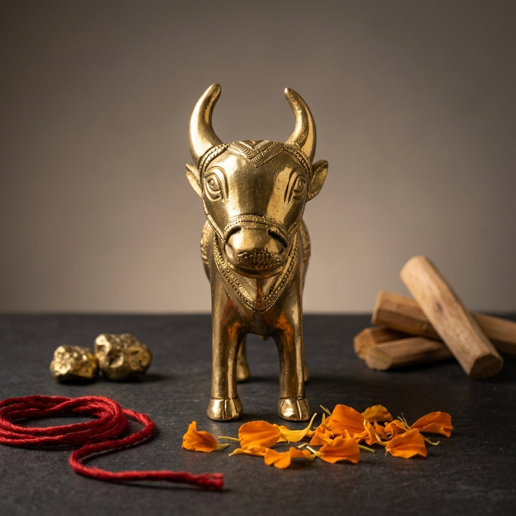 Svarn Studio Handcrafted Brass Cow Figurine — Kamdhenu-Inspired Décor Piece , Length 16 cm × Height 14 cm × Breadth 6 cm, Weight: 1.100 kg
